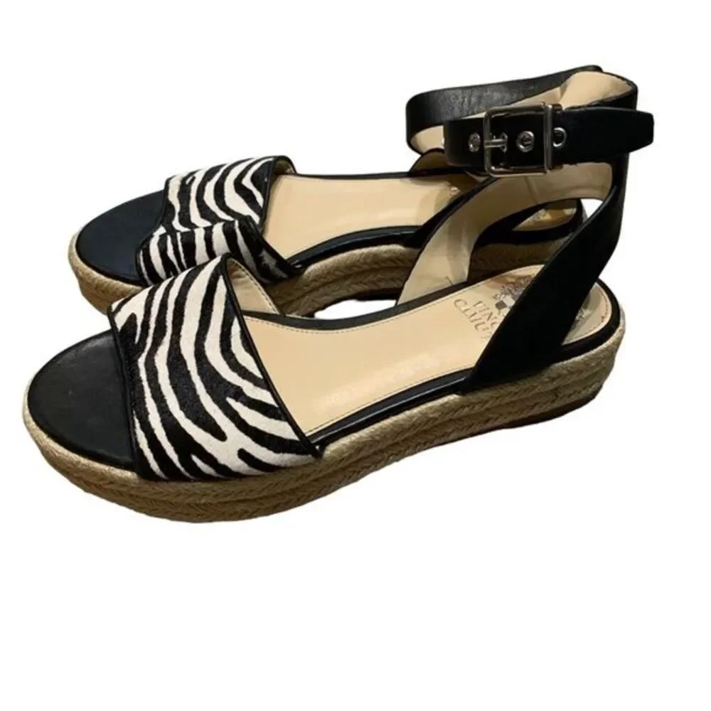 Vince Camuto Espadrille Sandals Womens 6 Black Zebra Print Platform Buckle Strap
